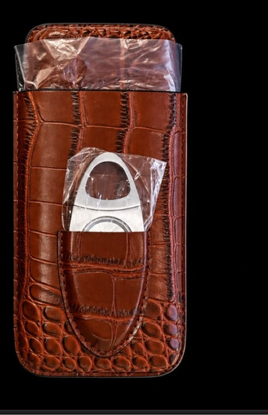 3 Finger Croc Cigar Case & Cutter Brown